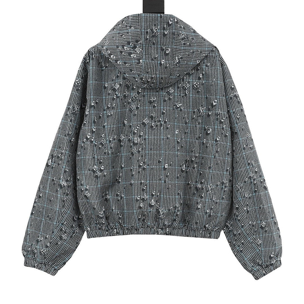 Louis Vuitton Men's Reversible Check Hooded Jacket - Blue Grey: Blue-grey check side, back view