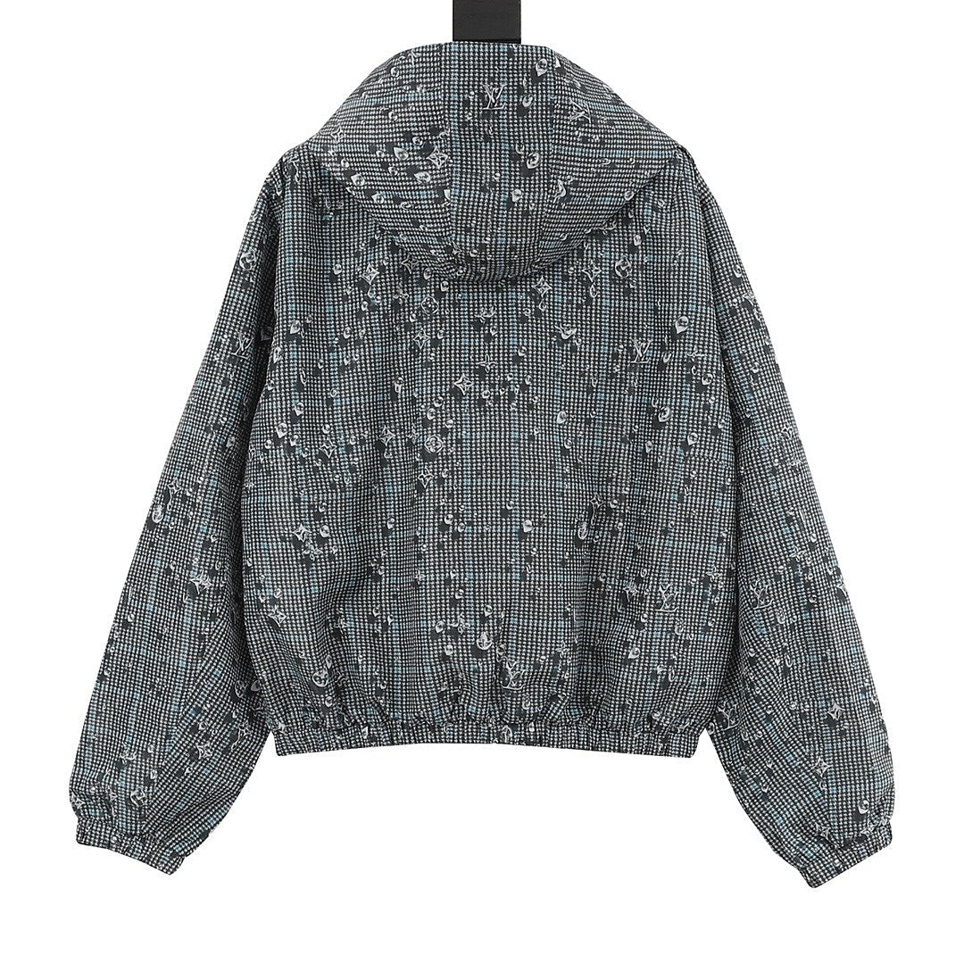 Louis Vuitton Men's Reversible Check Hooded Jacket - Blue Grey: Blue-grey check side, back view