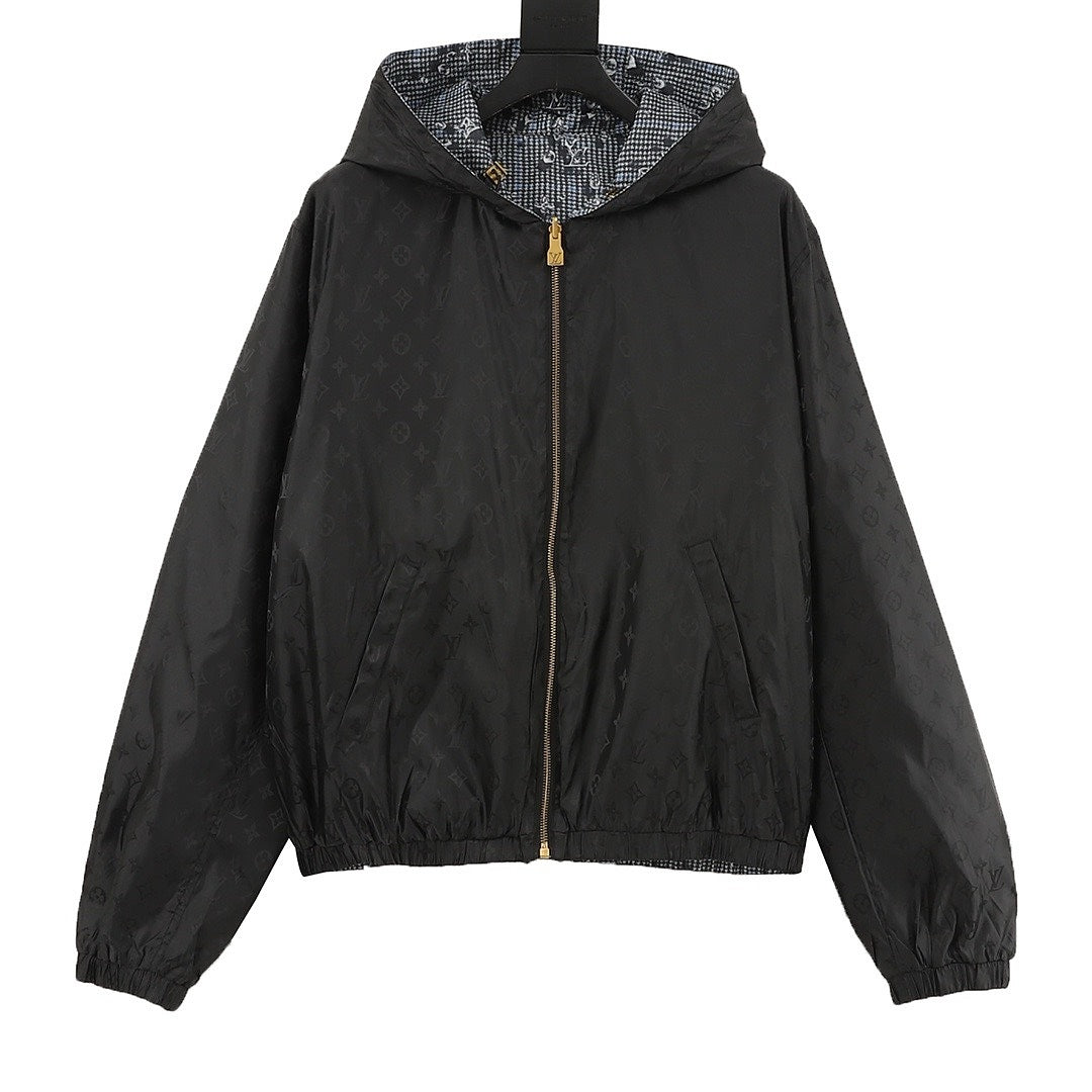 Louis Vuitton Men's Reversible Check Hooded Jacket - Blue Grey: Black tonal monogram side, front view