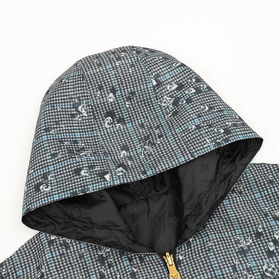 Louis Vuitton Men's Reversible Check Hooded Jacket - Blue Grey: Check side hood detail