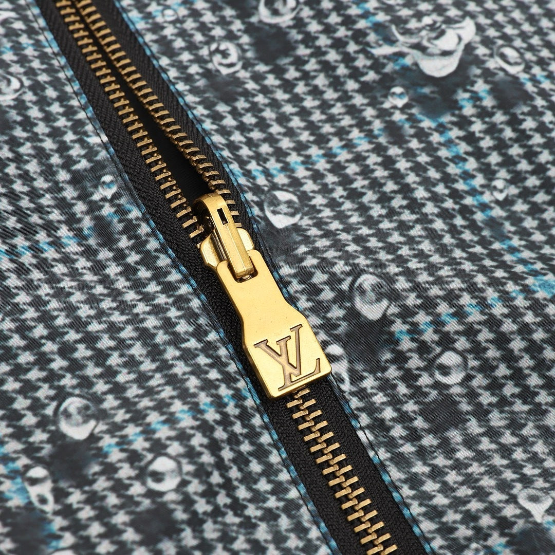 Louis Vuitton Men's Reversible Check Hooded Jacket - Blue Grey: Check side gold-tone zipper detail