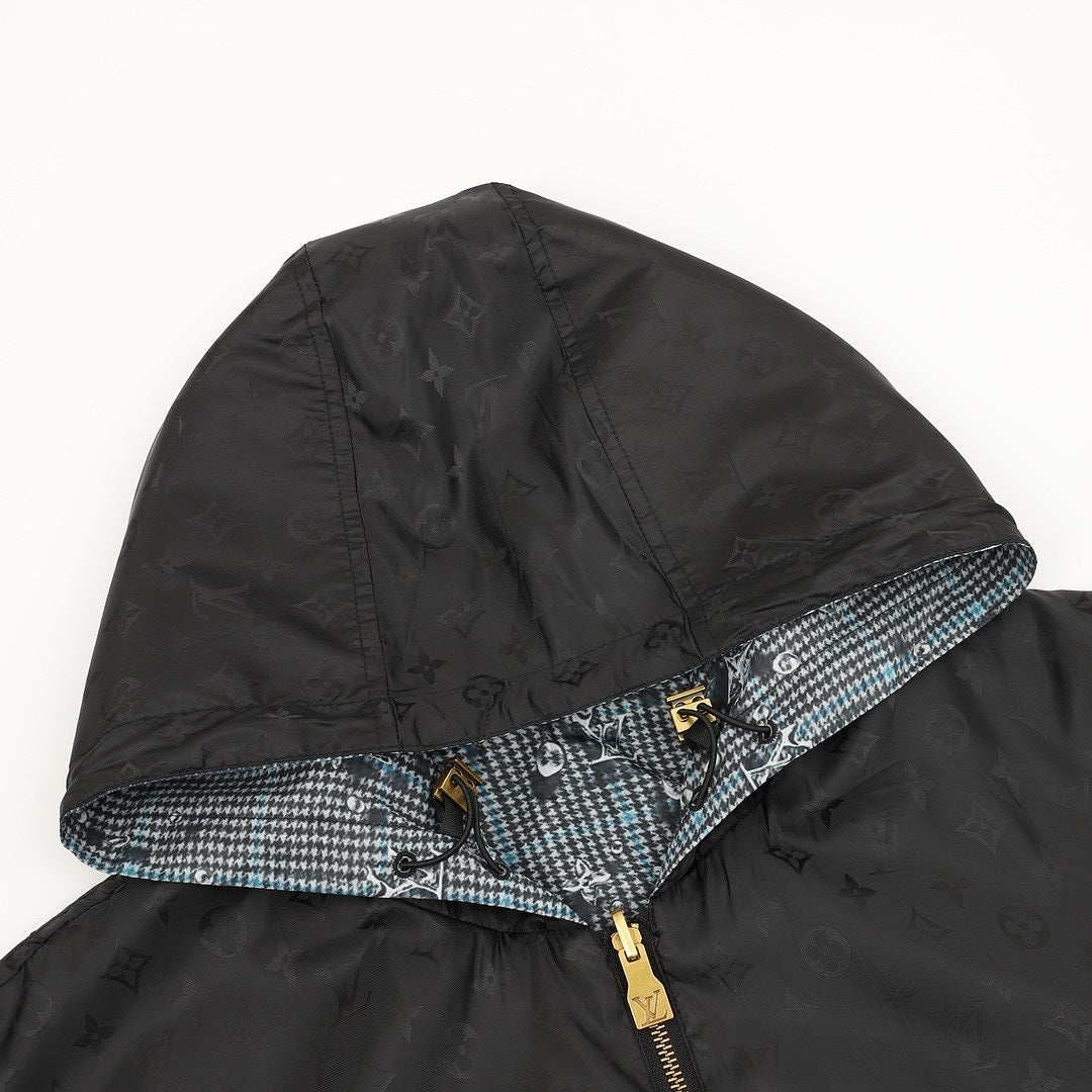 Louis Vuitton Men's Reversible Check Hooded Jacket - Blue Grey: Black side hood and check reverse detail