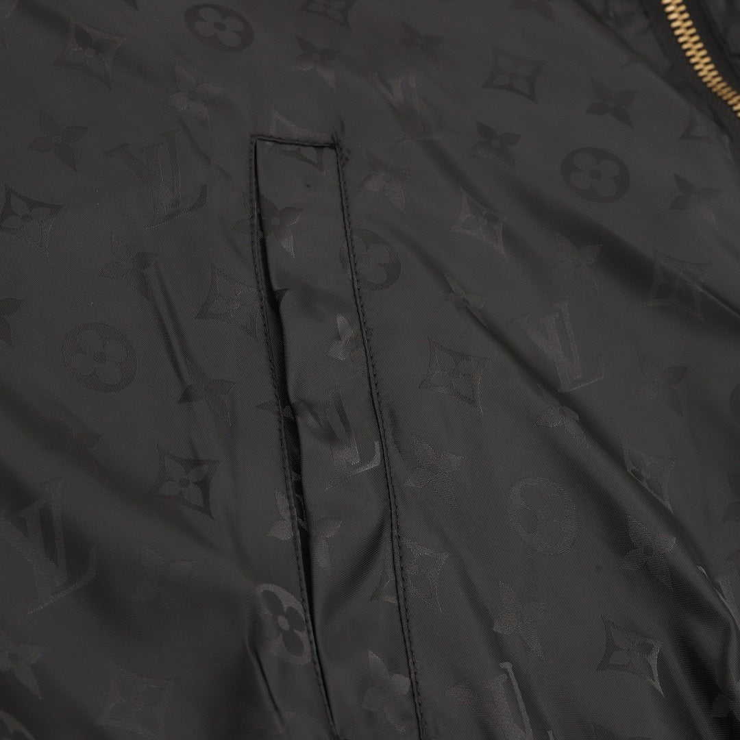 Louis Vuitton Men's Reversible Check Hooded Jacket - Blue Grey: Black tonal monogram pattern and pocket detail