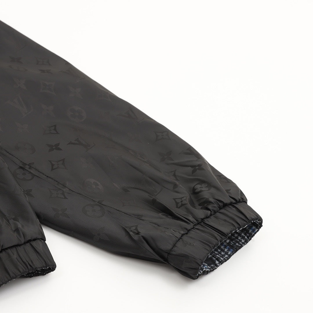 Louis Vuitton Men's Reversible Check Hooded Jacket - Blue Grey: Black side elasticated cuff detail