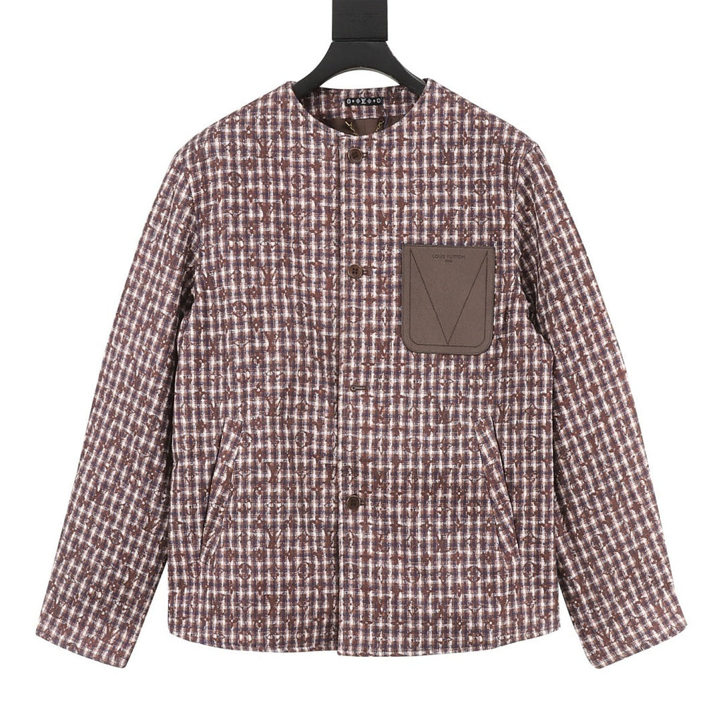 Louis Vuitton Men's Collarless Check Jacket - Brown: Front view on a white background