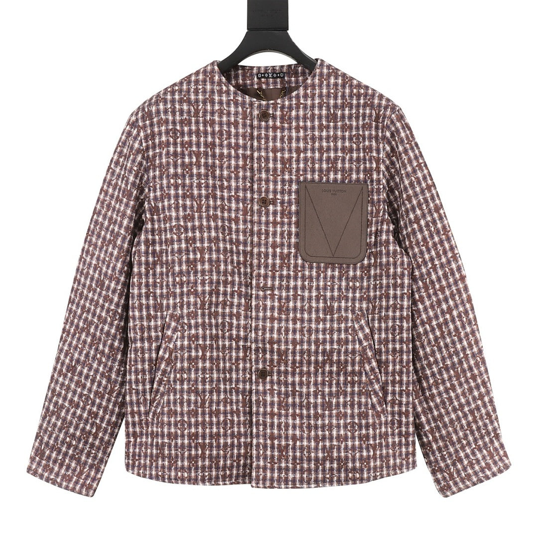 Louis Vuitton Men's Collarless Check Jacket - Brown: Front view on a white background