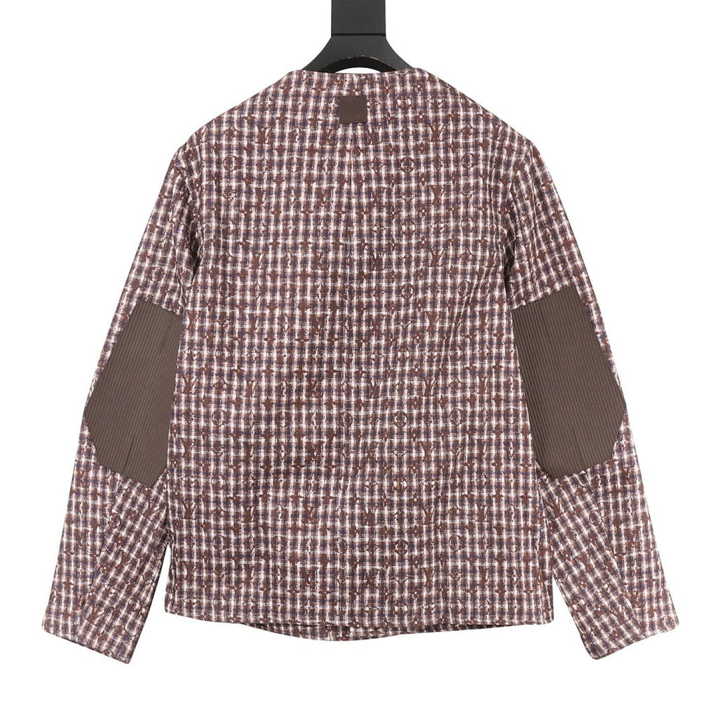 Louis Vuitton Men's Collarless Check Jacket - Brown: Back view with contrast elbow patches