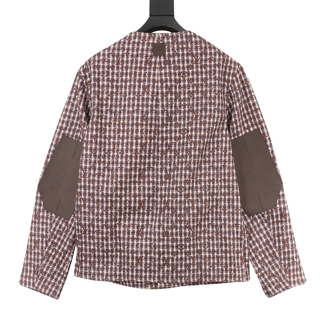 Louis Vuitton Men's Collarless Check Jacket - Brown: Back view with contrast elbow patches