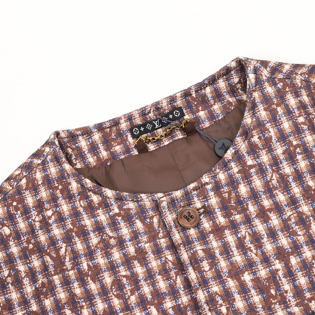 Louis Vuitton Men's Collarless Check Jacket - Brown: Collarless neckline and button detail