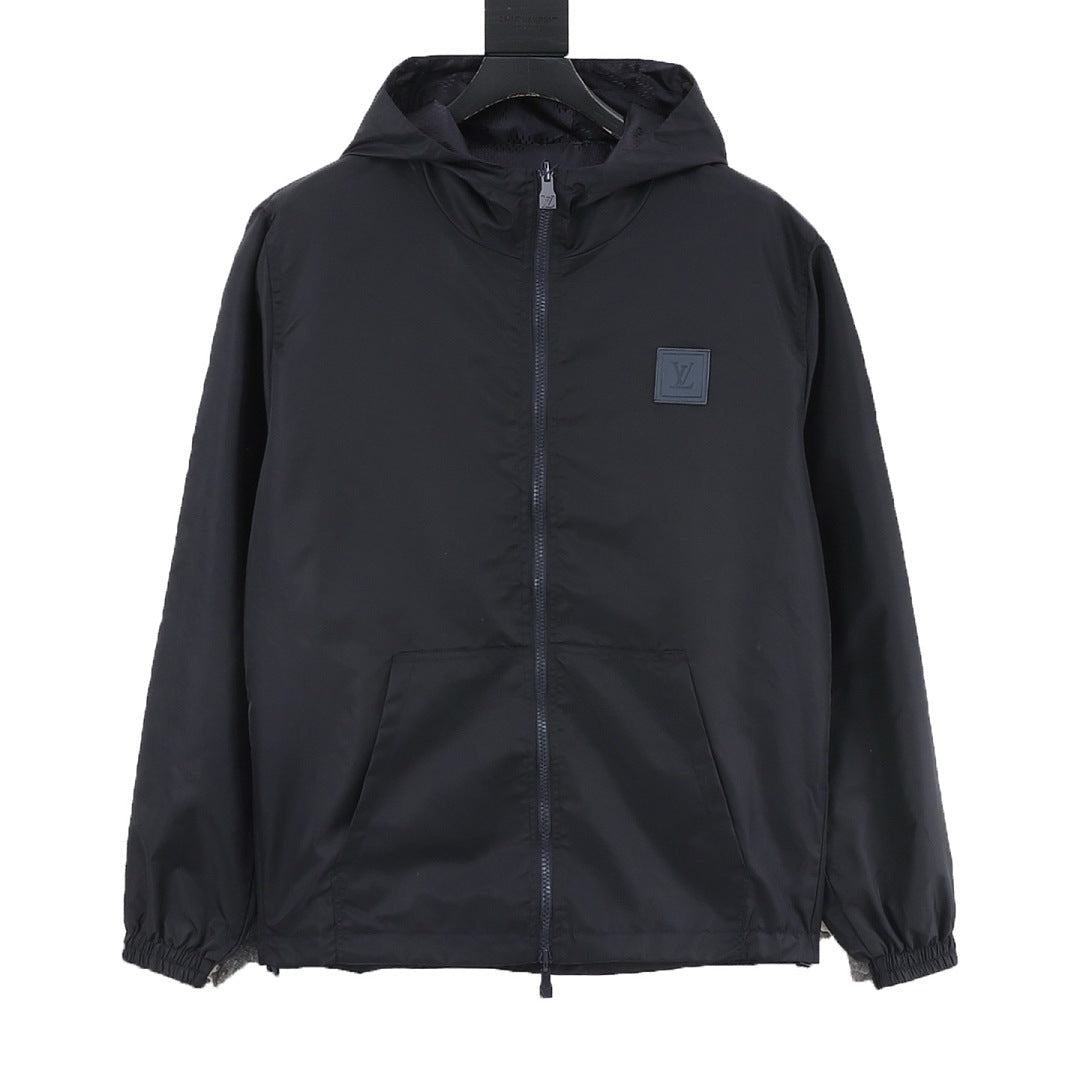 Louis Vuitton Men's Reversible Tonal Check Hooded Jacket – Navy: Plain side front view on a white background