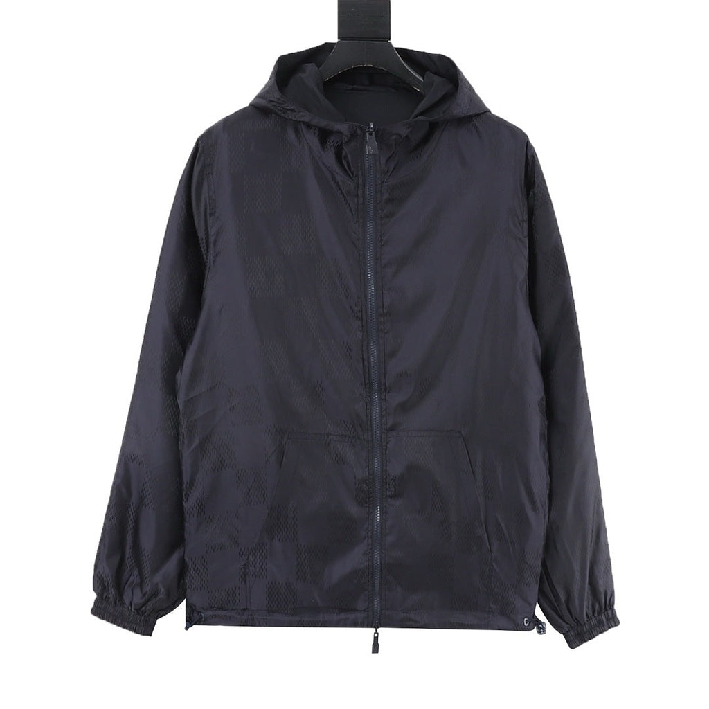 Louis Vuitton Men's Reversible Tonal Check Hooded Jacket – Navy: Tonal check reverse front view