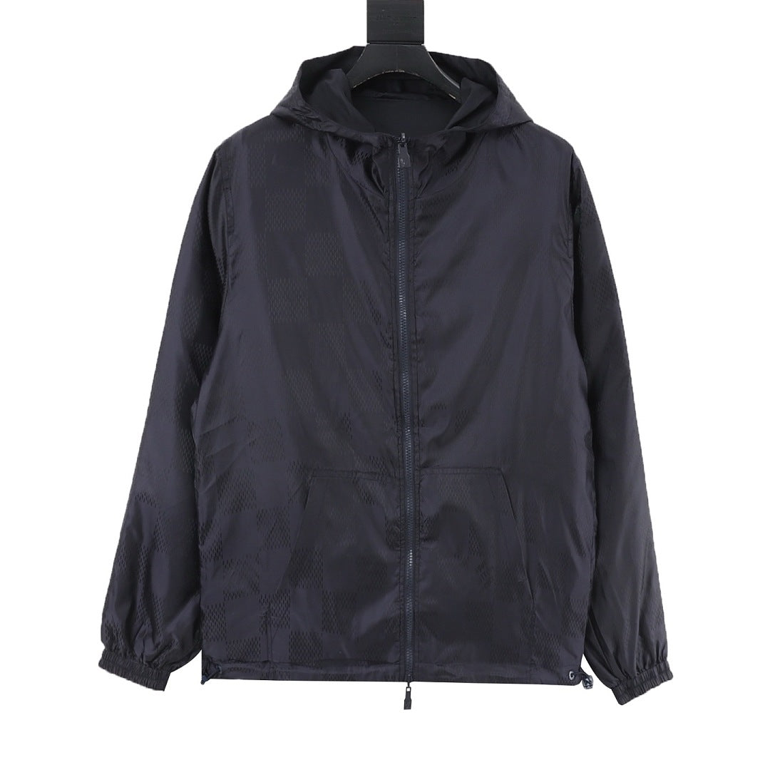Louis Vuitton Men's Reversible Tonal Check Hooded Jacket – Navy: Tonal check reverse front view