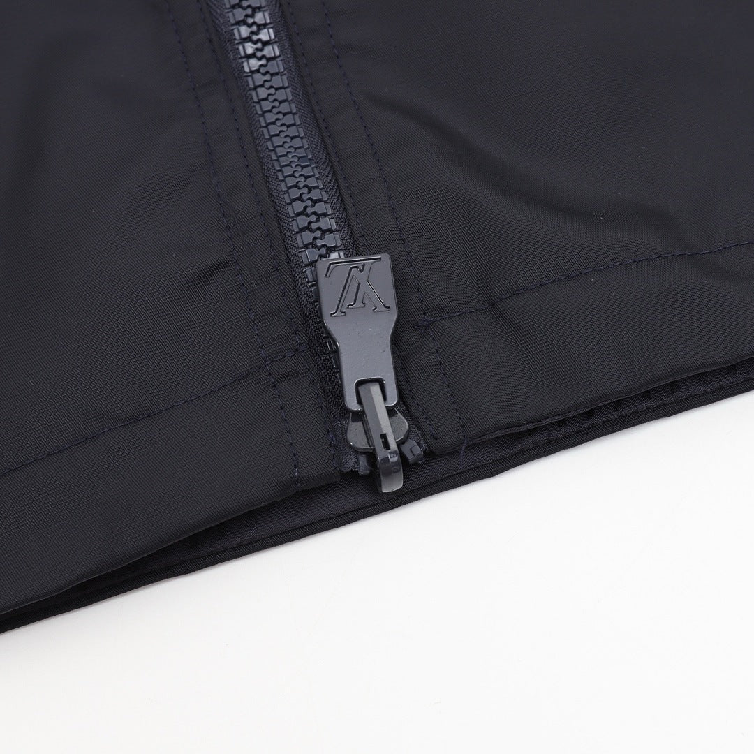 Louis Vuitton Men's Reversible Tonal Check Hooded Jacket – Navy: Plain side zipper detail