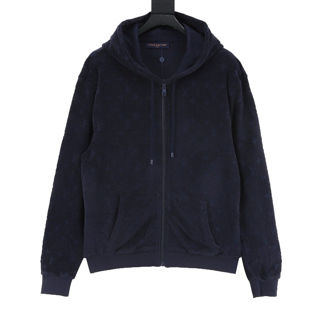 Louis Vuitton Textured Monogram Zip-Up Hoodie - Navy - front view