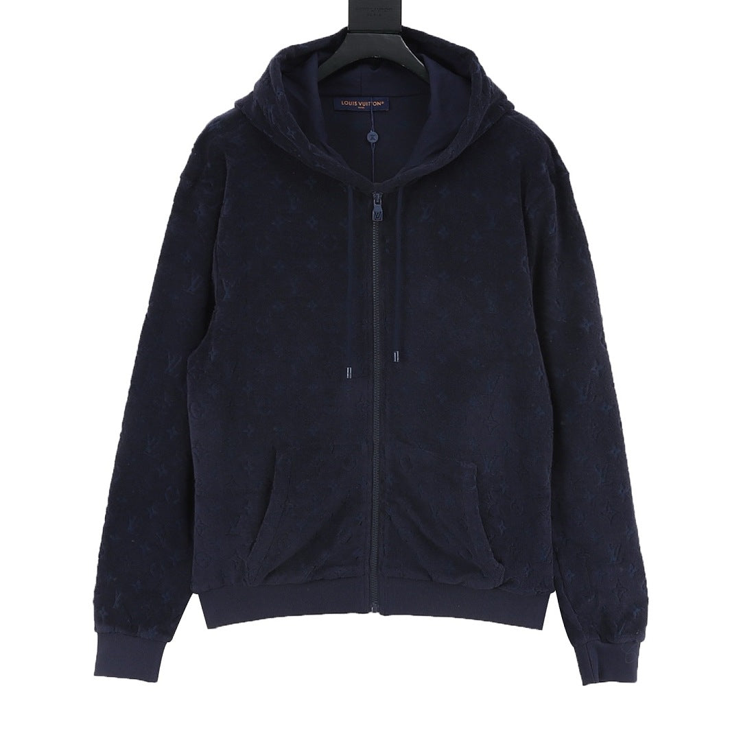 Louis Vuitton Textured Monogram Zip-Up Hoodie - Navy - front view