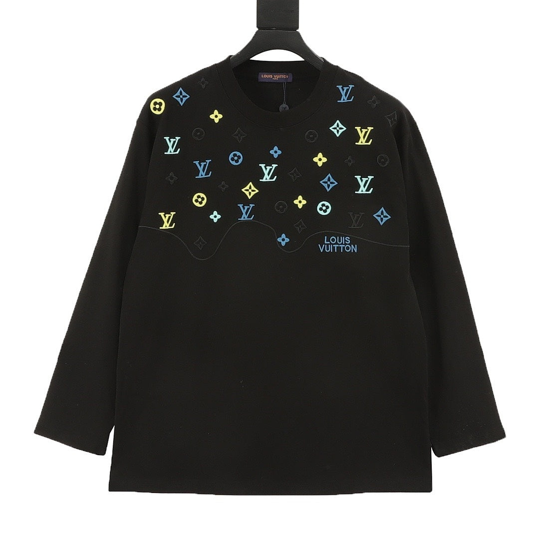 Louis Vuitton Multicolor Monogram Embroidered Long-Sleeve T-Shirt - Black - front view