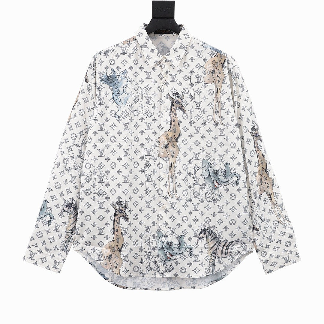 Louis Vuitton Animal Illustration Monogram Long-Sleeve Button-Up Shirt - White - front view