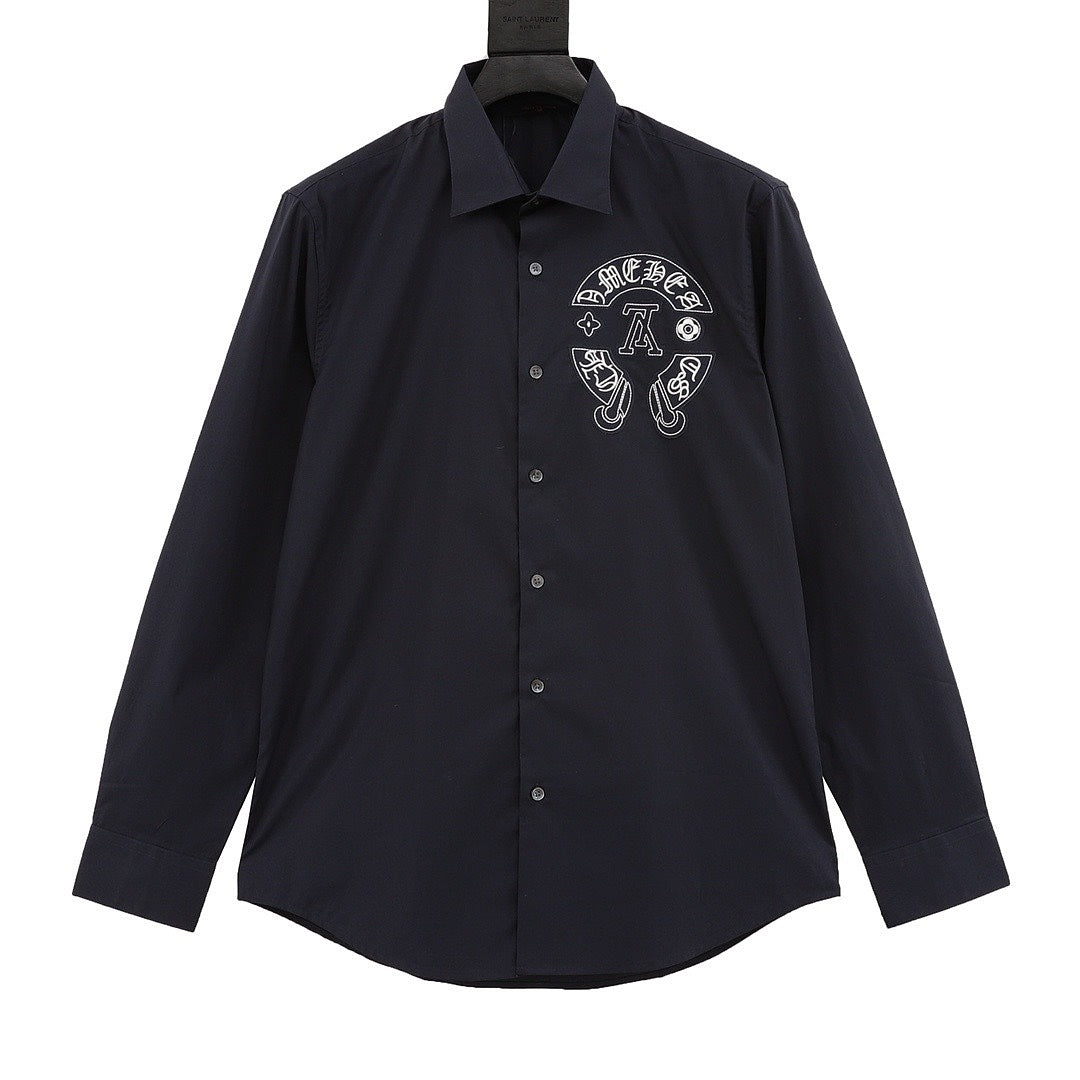 Louis Vuitton Gothic Chest Emblem Long-Sleeve Button-Up Shirt - Navy - front view