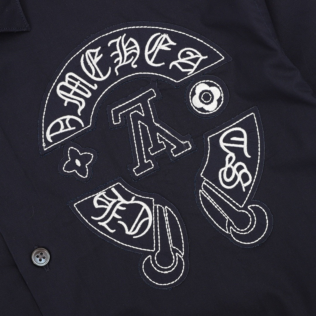 Louis Vuitton Gothic Chest Emblem Long-Sleeve Button-Up Shirt - Navy - detail view 1