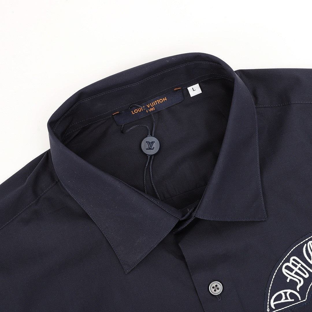 Louis Vuitton Gothic Chest Emblem Long-Sleeve Button-Up Shirt - Navy - detail view 4