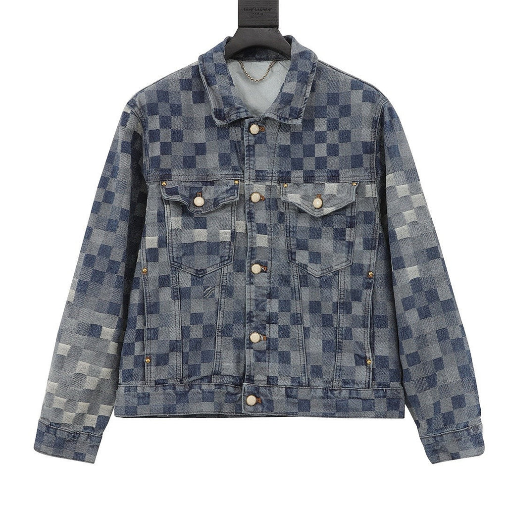 Louis Vuitton Pixel Check Denim Trucker Jacket with Chest Pockets - Blue - front view