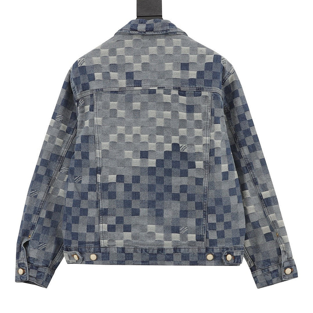 Louis Vuitton Pixel Check Denim Trucker Jacket with Chest Pockets - Blue - back view
