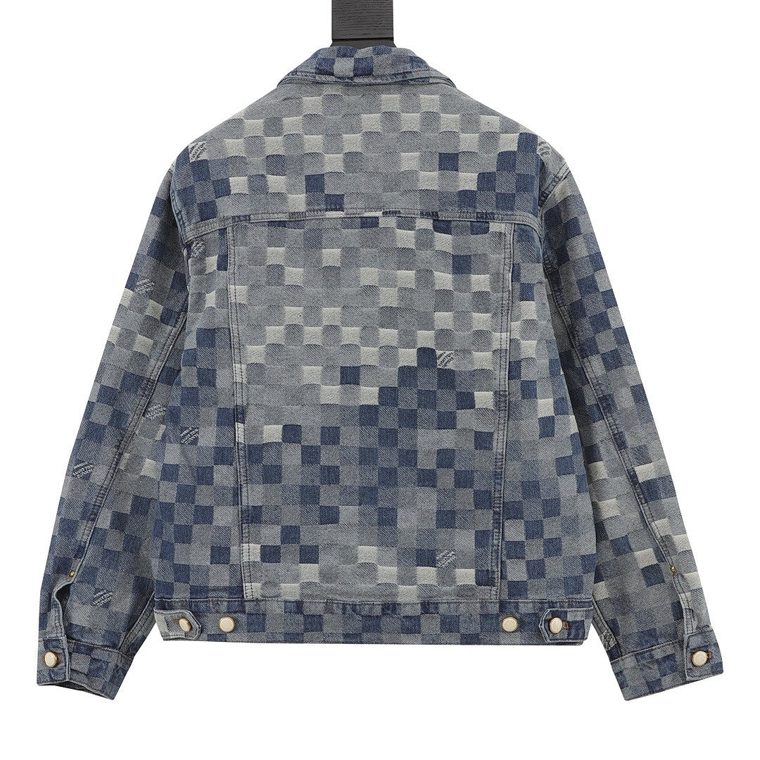 Louis Vuitton Pixel Check Denim Trucker Jacket with Chest Pockets - Blue - back view