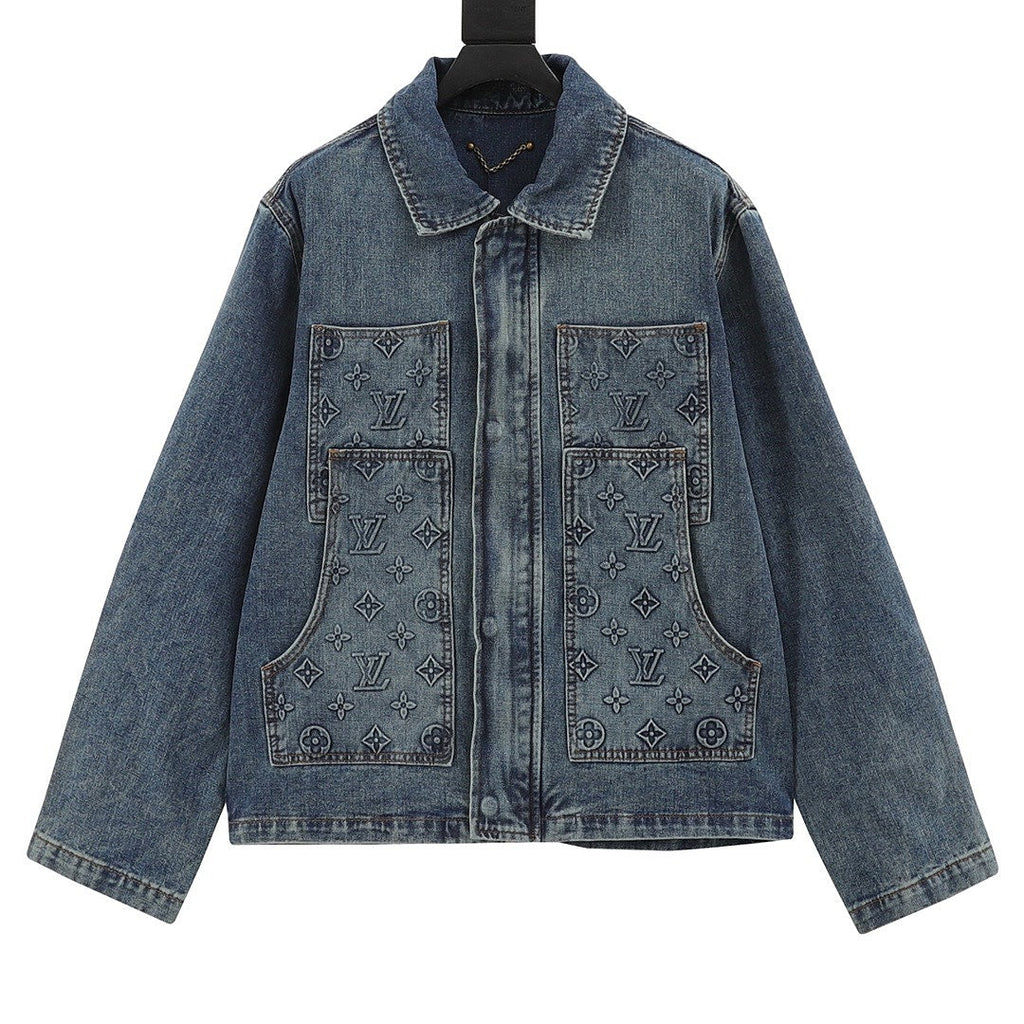Louis Vuitton Tonal Monogram Pocket Zip-Up Denim Jacket - Washed Blue - front view
