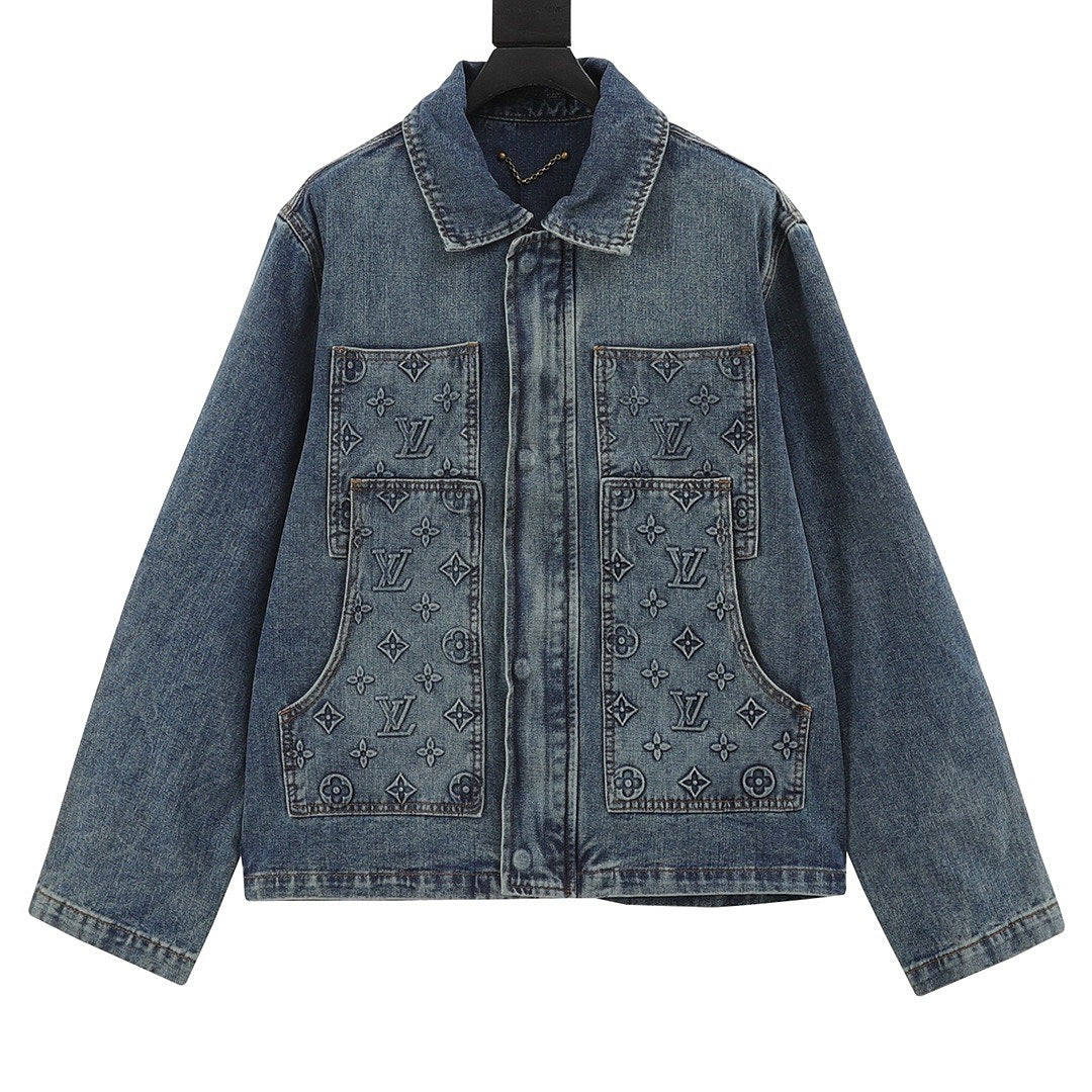 Louis Vuitton Tonal Monogram Pocket Zip-Up Denim Jacket - Washed Blue - front view