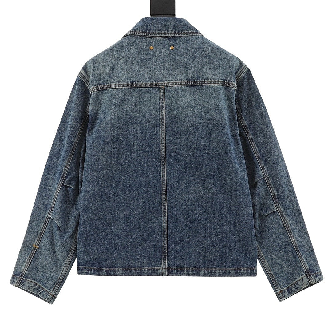 Louis Vuitton Tonal Monogram Pocket Zip-Up Denim Jacket - Washed Blue - back view