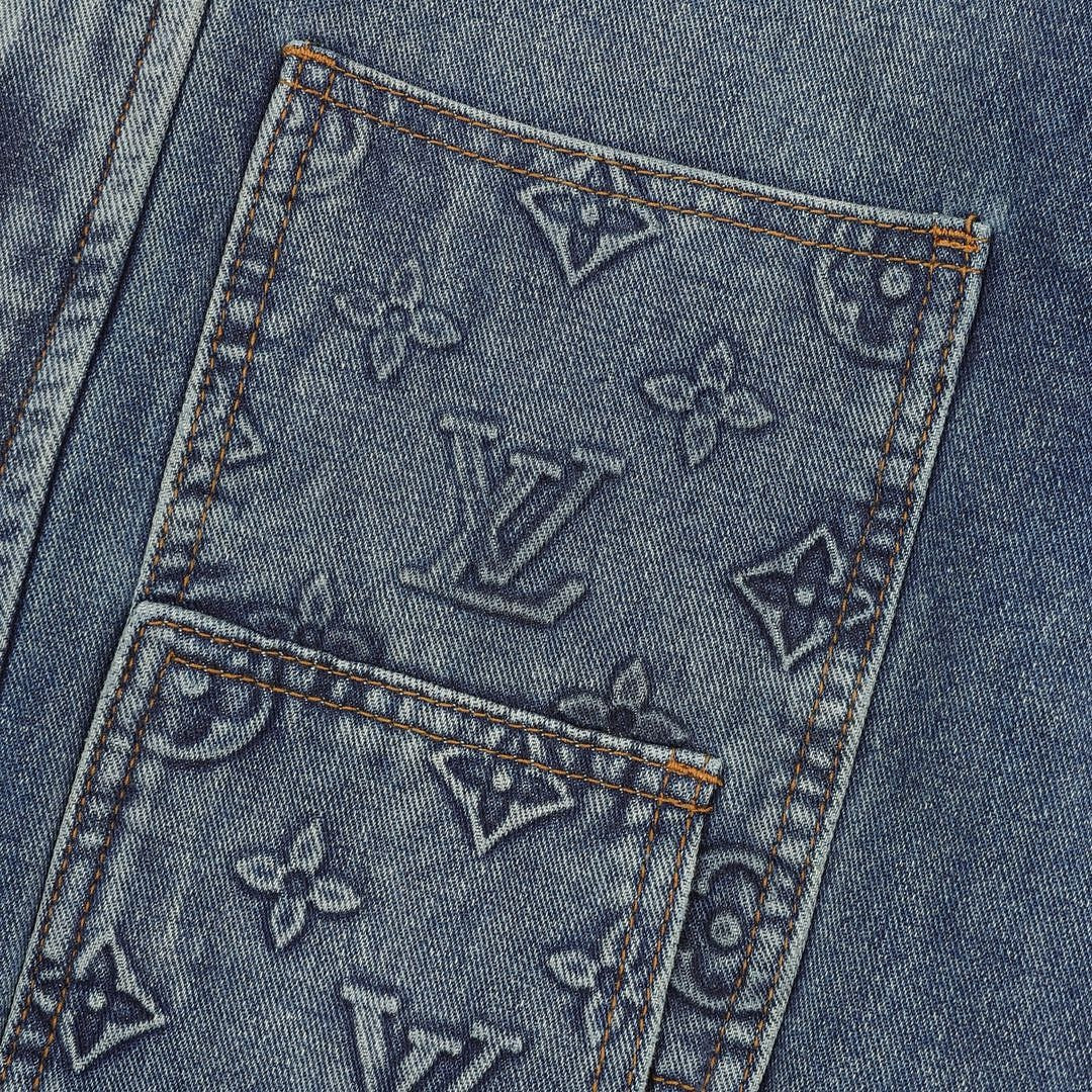 Louis Vuitton Tonal Monogram Pocket Zip-Up Denim Jacket - Washed Blue - detail view 3