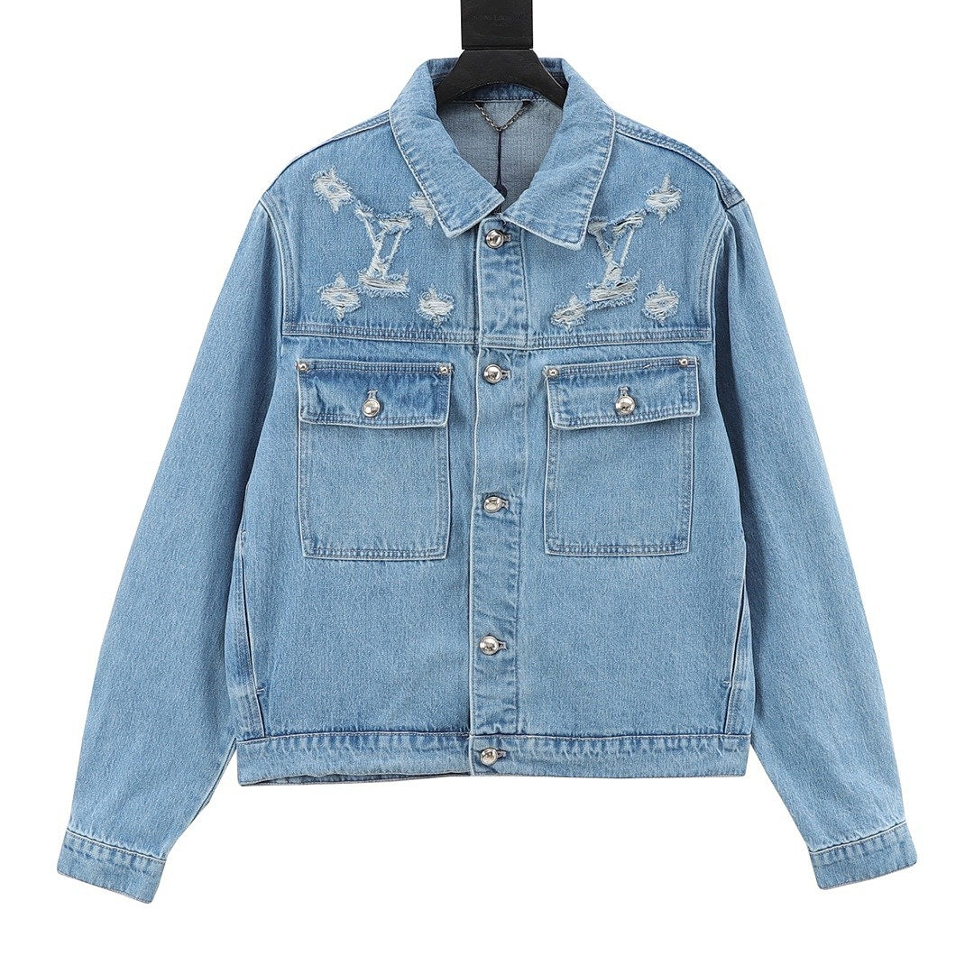 Louis Vuitton Distressed Monogram Shoulder Denim Trucker Jacket - Light Blue - front view