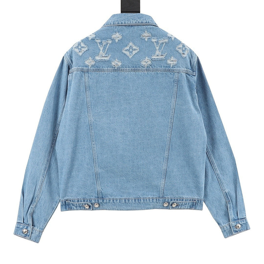 Louis Vuitton Distressed Monogram Shoulder Denim Trucker Jacket - Light Blue - back view