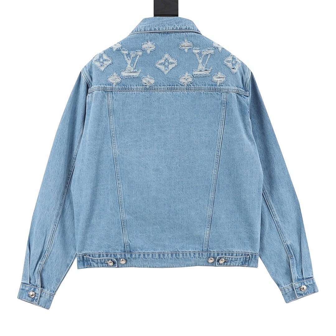 Louis Vuitton Distressed Monogram Shoulder Denim Trucker Jacket - Light Blue - back view