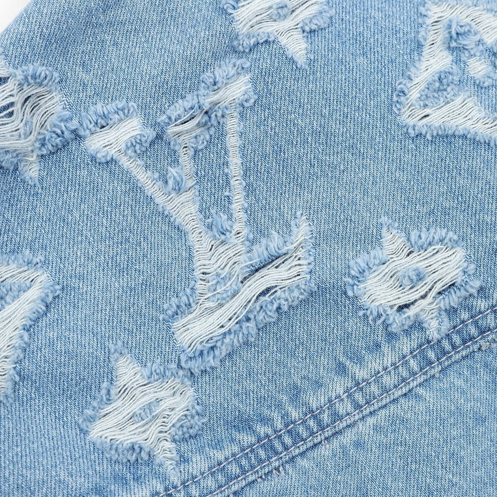 Louis Vuitton Distressed Monogram Shoulder Denim Trucker Jacket - Light Blue - detail view 1