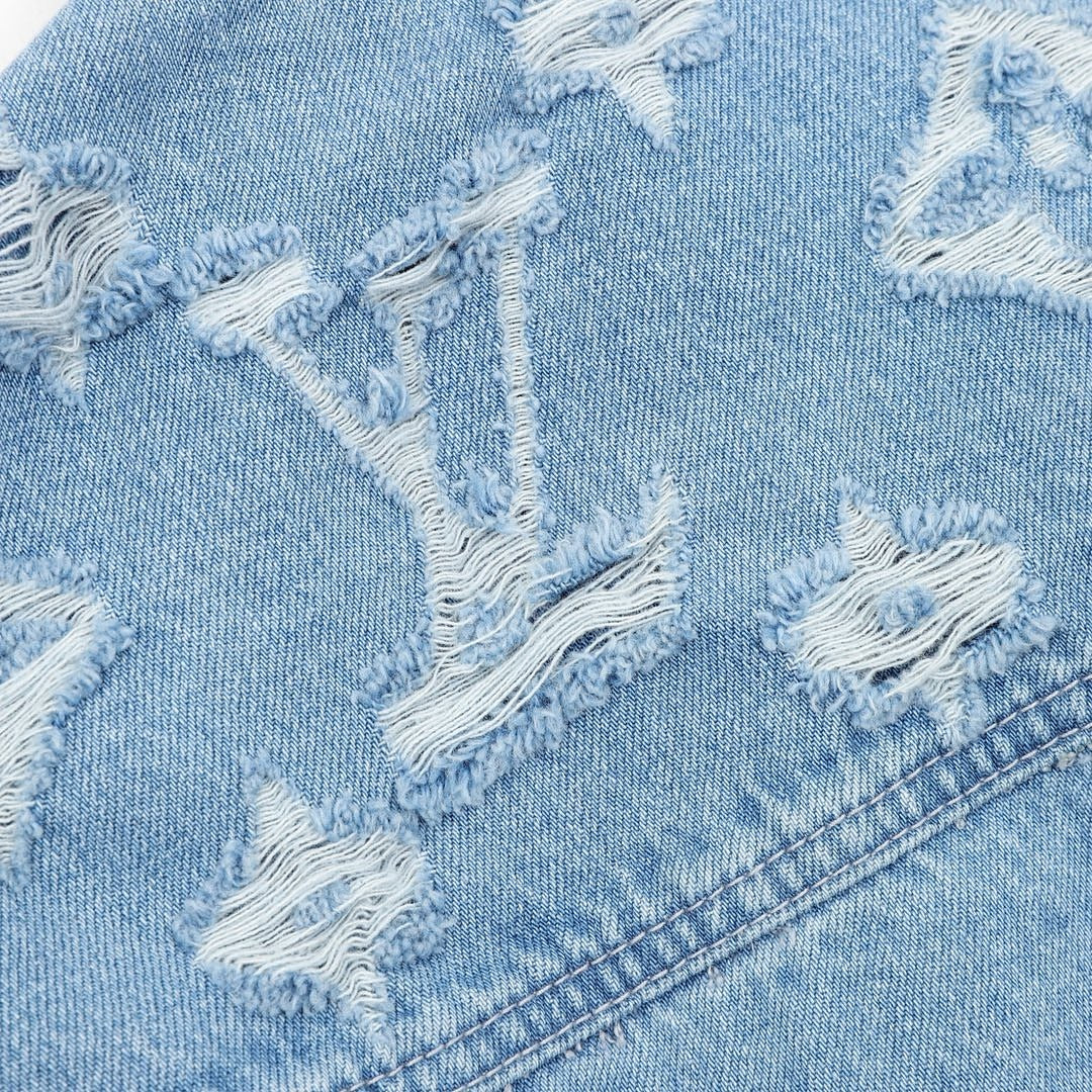 Louis Vuitton Distressed Monogram Shoulder Denim Trucker Jacket - Light Blue - detail view 1