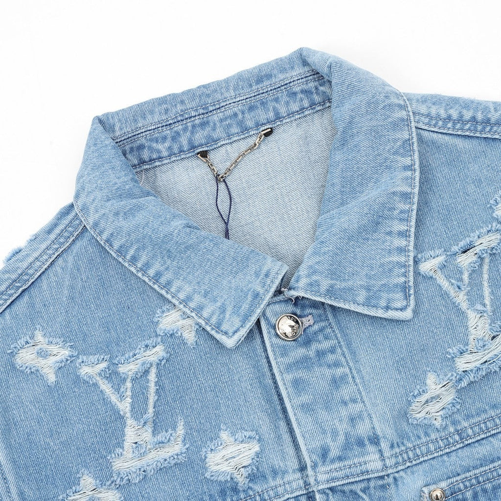 Louis Vuitton Distressed Monogram Shoulder Denim Trucker Jacket - Light Blue - detail view 4