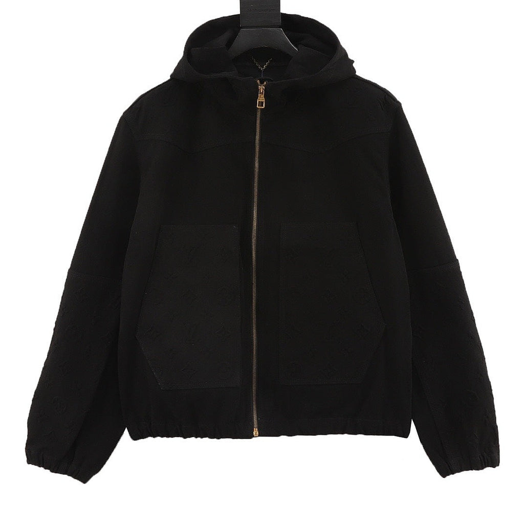 Louis Vuitton Tonal Monogram Pocket Hooded Zip-Up Denim Jacket - Black - front view