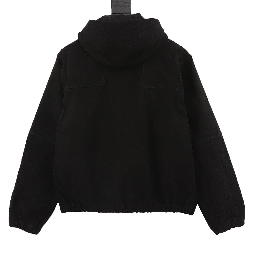 Louis Vuitton Tonal Monogram Pocket Hooded Zip-Up Denim Jacket - Black - back view