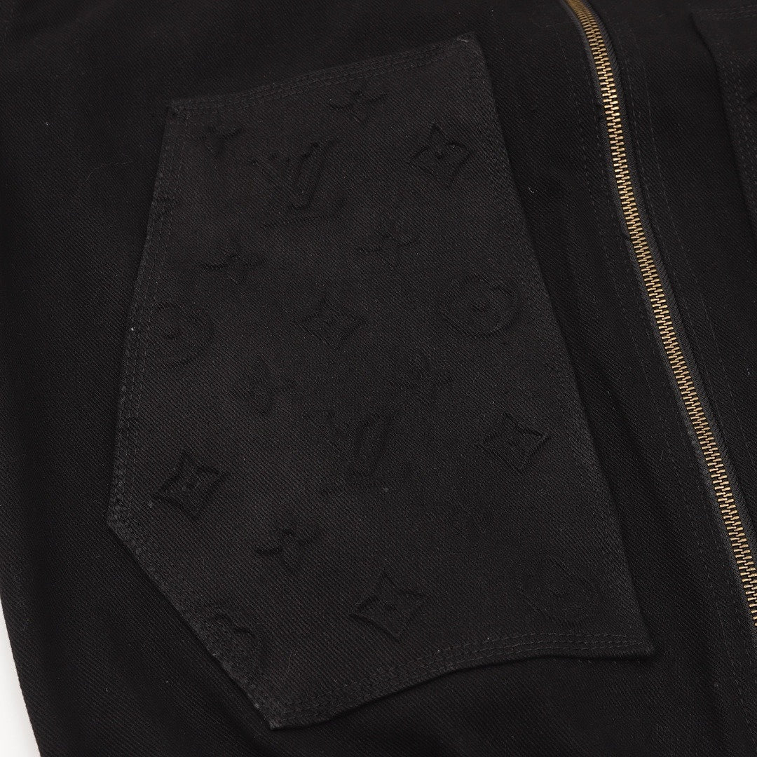Louis Vuitton Tonal Monogram Pocket Hooded Zip-Up Denim Jacket - Black - detail view 2