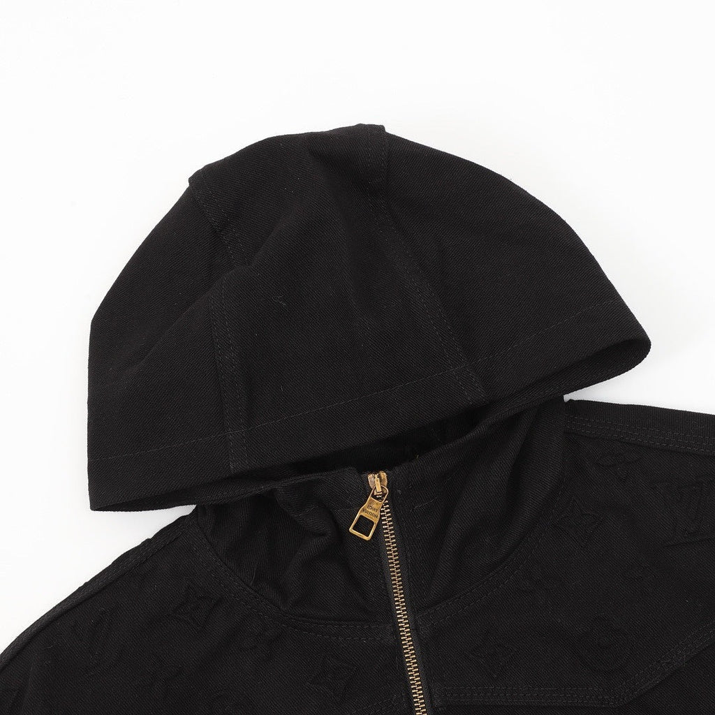 Louis Vuitton Tonal Monogram Pocket Hooded Zip-Up Denim Jacket - Black - detail view 4