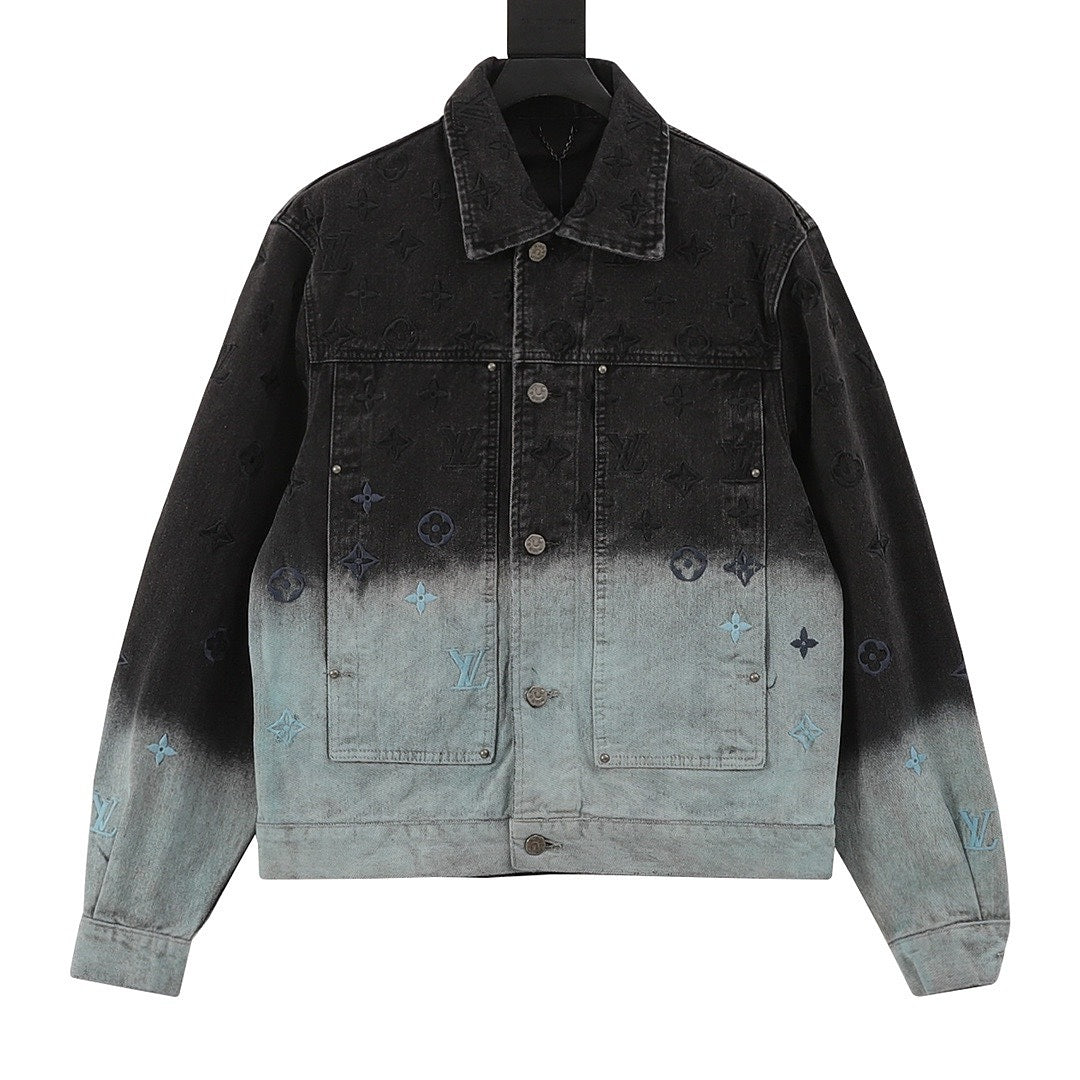 Louis Vuitton Gradient Monogram Embroidered Denim Jacket - Black and Ice Blue - front view