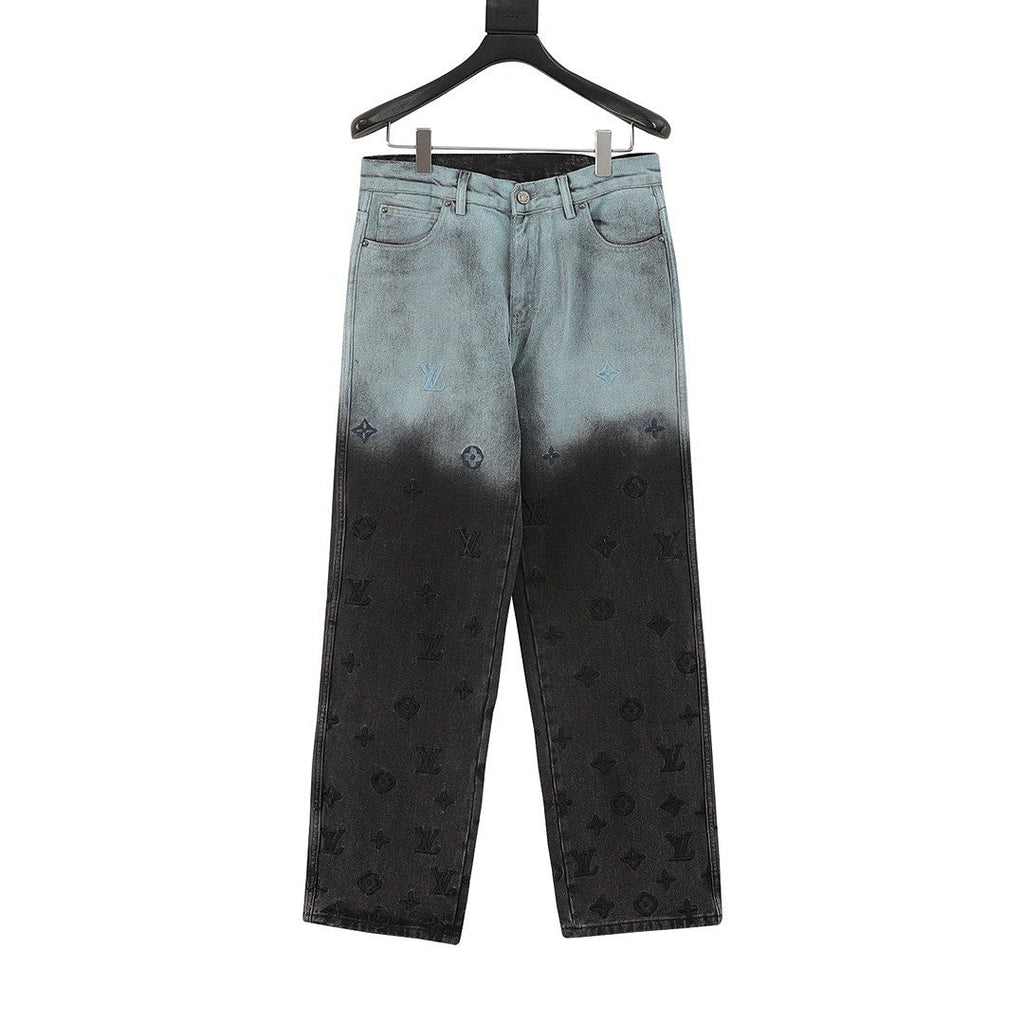 Louis Vuitton Gradient Monogram Embroidered Straight-Leg Jeans - Ice Blue and Black - front view