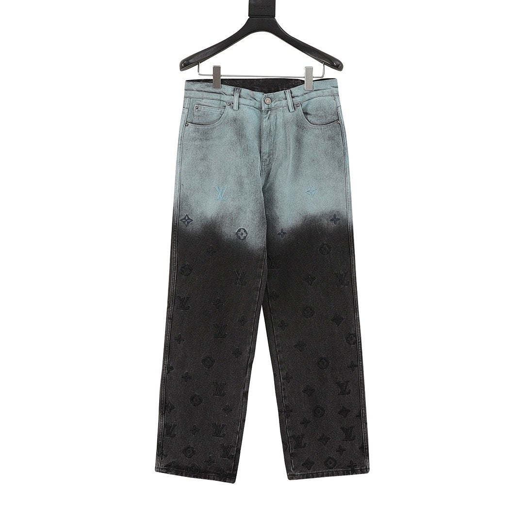 Louis Vuitton Gradient Monogram Embroidered Straight-Leg Jeans - Ice Blue and Black - front view