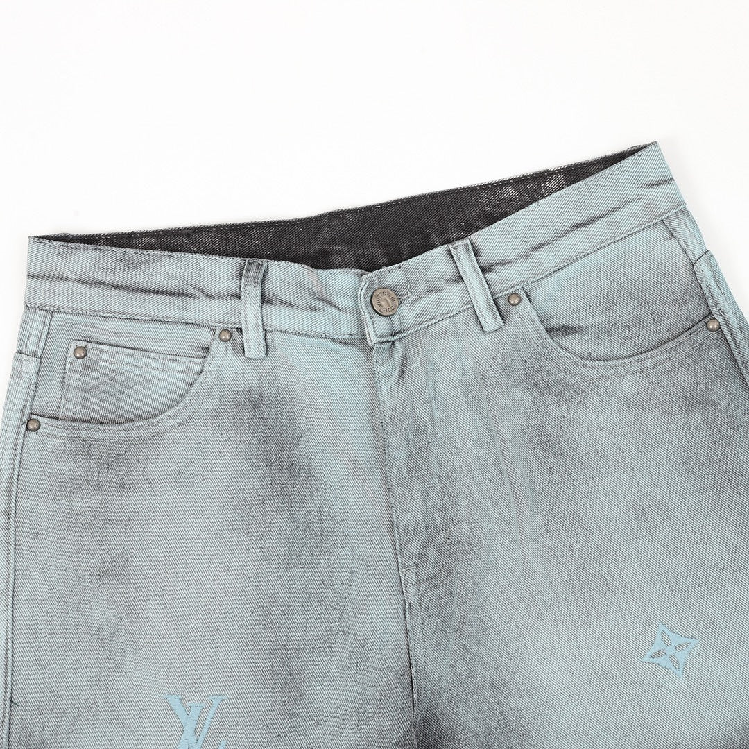Louis Vuitton Gradient Monogram Embroidered Straight-Leg Jeans - Ice Blue and Black - detail view 4