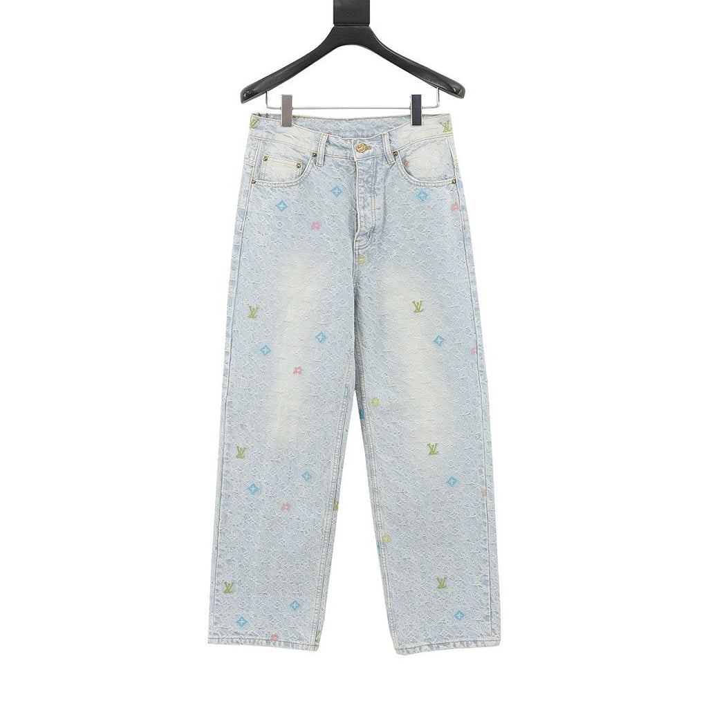 Louis Vuitton Pastel Monogram Embroidered Jeans - Light Wash Blue - front view