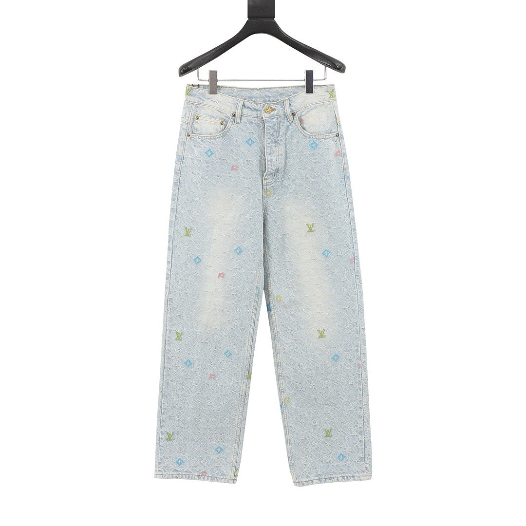 Louis Vuitton Pastel Monogram Embroidered Jeans - Light Wash Blue - front view