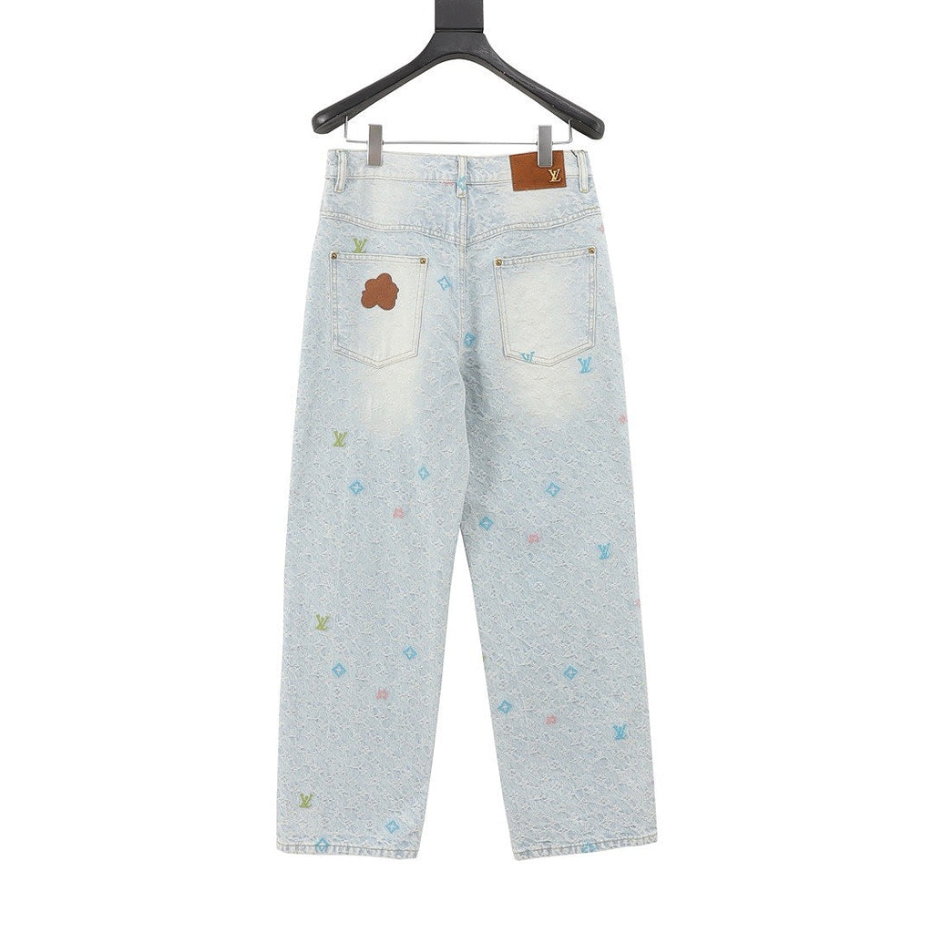Louis Vuitton Pastel Monogram Embroidered Jeans - Light Wash Blue - back view
