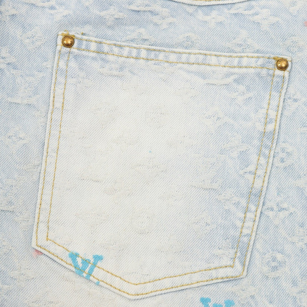 Louis Vuitton Pastel Monogram Embroidered Jeans - Light Wash Blue - detail view 1
