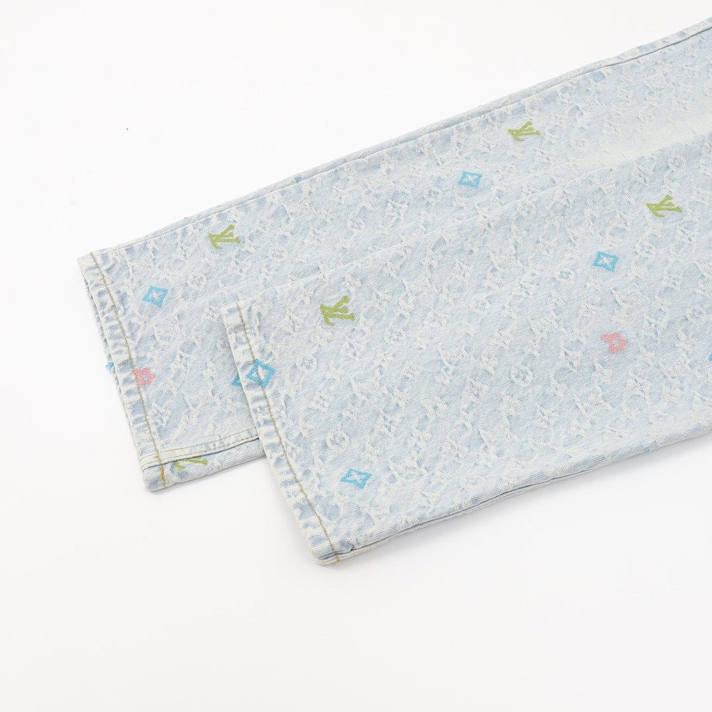 Louis Vuitton Pastel Monogram Embroidered Jeans - Light Wash Blue - detail view 3